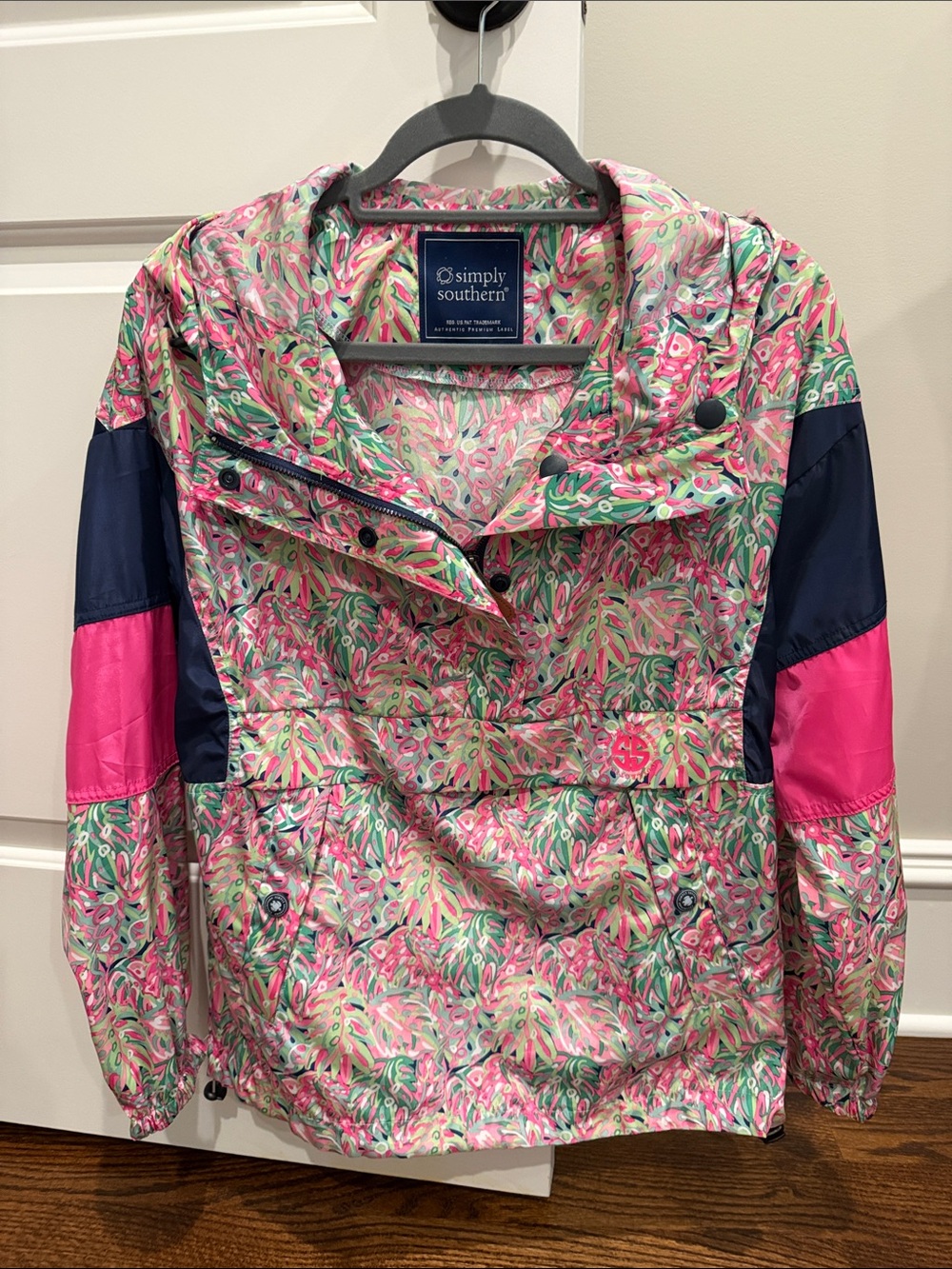 Simply Southern Pink Floral Pullover Windbreaker with Navy & Bright Pink Panels